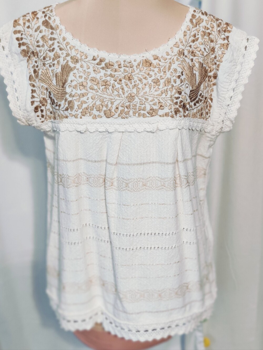 Nativa boxy boho Cotton Popover Top heavy embroidery Birds Chore Shirt  Chic